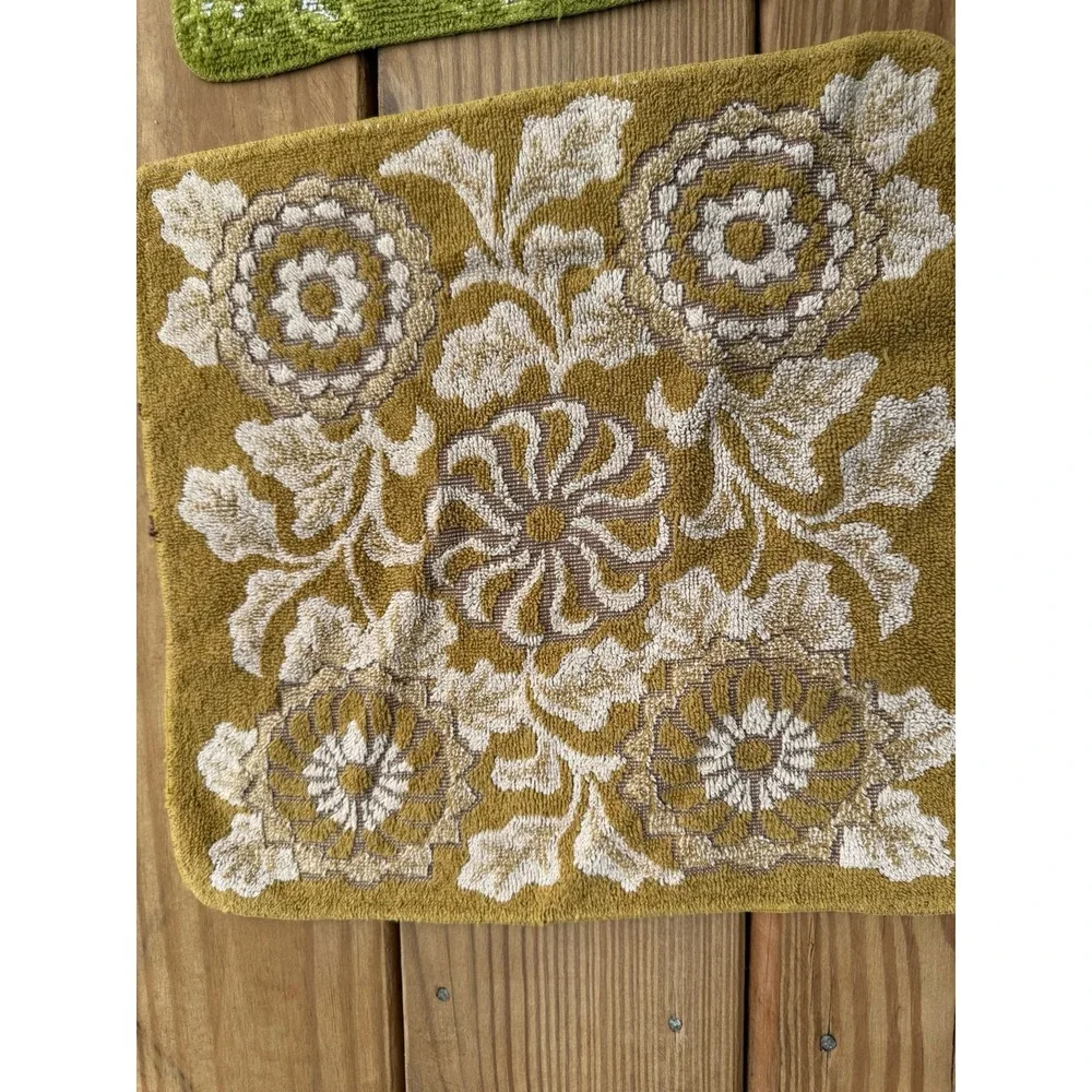 VTG MCM Callaway Milliken Towel Avocado Fringe Gold Daisy Floral & 2 Washcloths